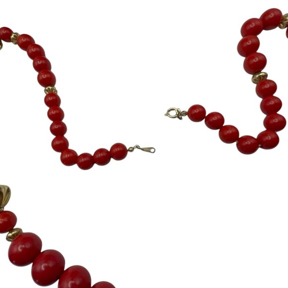 **Beaded Necklace Textured Gold Tone And Red Beads 30" - Picture 7 of 7